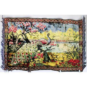 Vtg Velvet Tapestry Peacock Rug Fringe Japanese Cherry Blossom Wall Hanging Deco